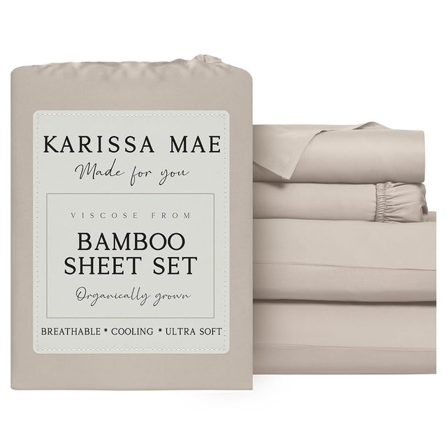 KARISSA MAE Luxury Bamboo Viscose Full Size Sheet Set | 100% FSC Certified | Cooling | Luxuriously Soft | 18" Deep Pockets | with Organizer Band & Elastic Corner Straps [Dune]