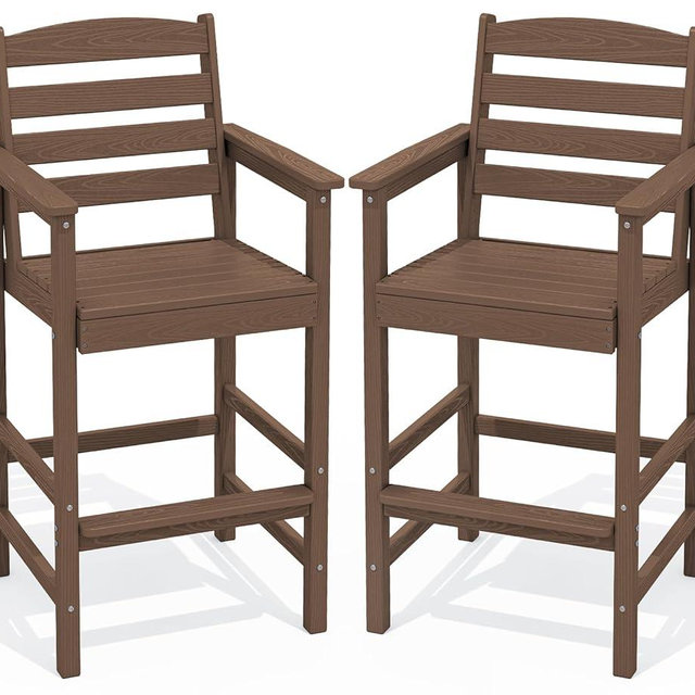 SERWALL Tall Adirondack Chairs Set of 2, Oversize Balcony Adirondack Chairs Set, Outdoor Bar Height Barstools Widened Chair Set for Bistro, Poolside, Garden, Brown