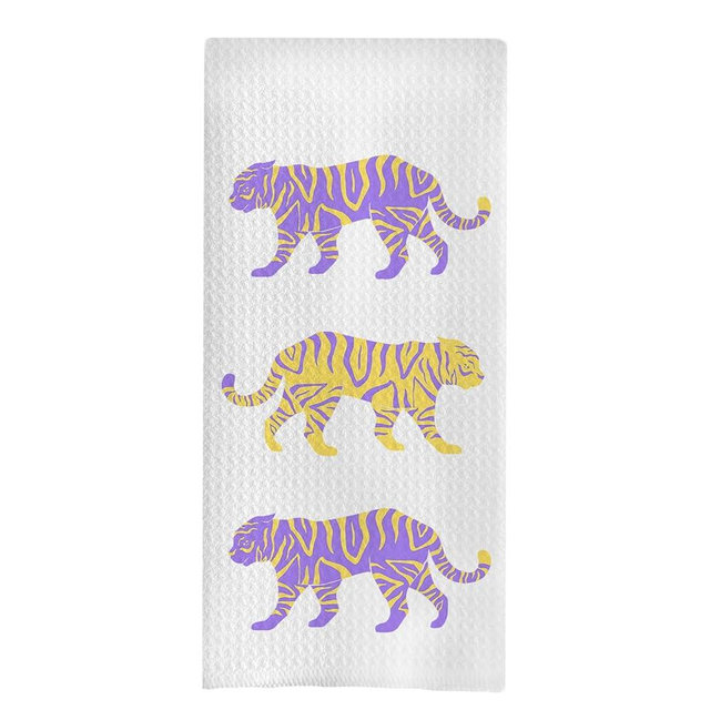 uinwk Trendy Preppy Tiger Kitchen Dish Towels, Purple and Gold Tiger Decorative Hand Towels for Bathroom, Preppy Bathroom Decor, 16x24 Inches