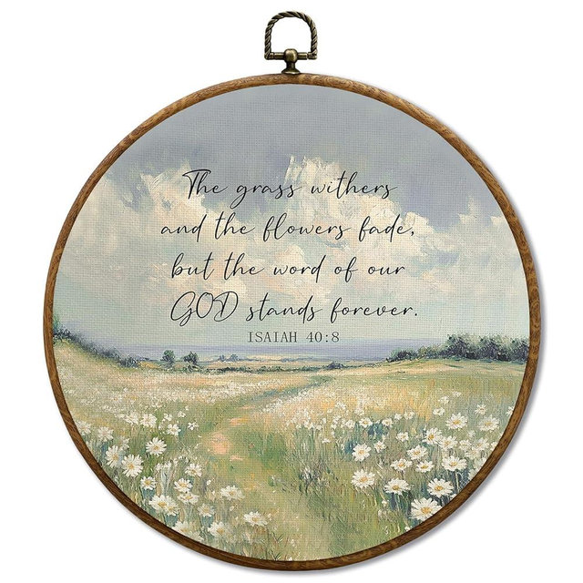 JUIOEIU Christian Round Wall Decor, Bible Verse Isaiah 40:8 Rustic Wildflowers Framed Canvas Prints, Religious Scripture Wall Art Hanging Decorations for Home Bedroom Living Room Decor, 10x10in