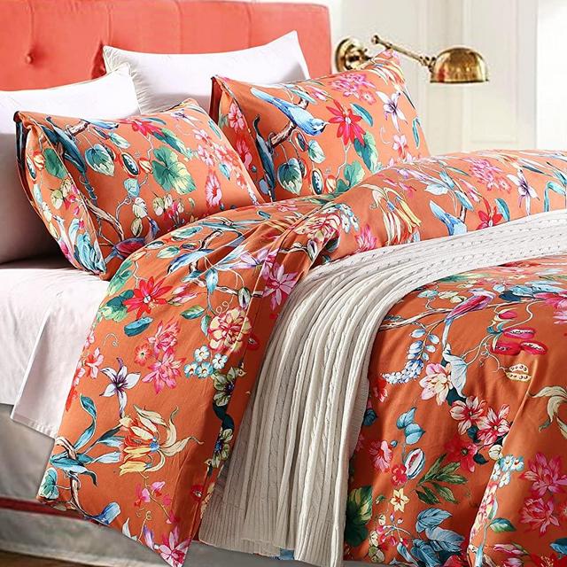 Tropical Garden Luxury 3 Piece Duvet Cover Set Island Tree Branch and Birds Multicolored Floral Pattern 100-percent brushed Cotton Twill (King)