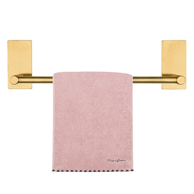 NearMoon Self Adhesive Bathroom Towel Bar- Stainless Steel Bath Wall Shelf Rack Hanging Towel Stick On Sticky Hanger Contemporary Style, NO Drilling (1 Pack, Brushed Gold, 12-Inch Towel Rack)