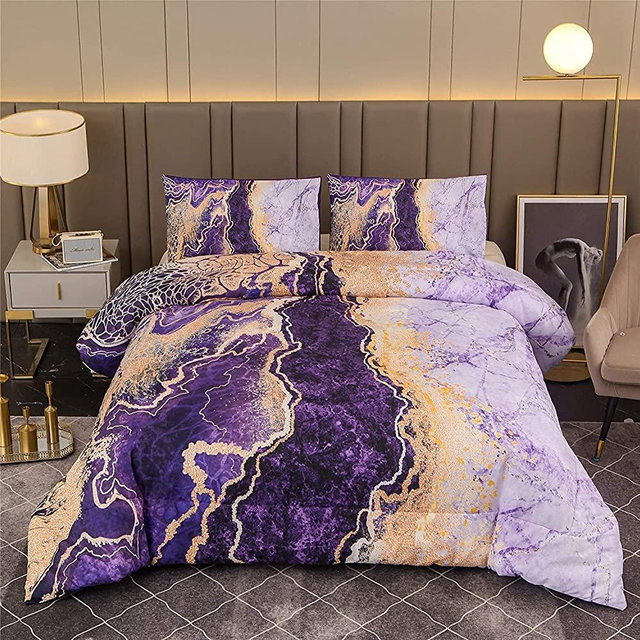 A Nice Night Marble Like Burning Mountain Printed Bedding Set,Retro Style Watercolor Artwork Design,Ultra Soft Comforter Set (Purple, Queen(88-by-88-inches))