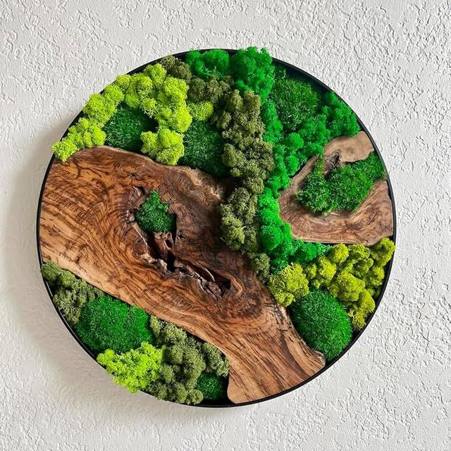 Real Preserved Moss Wall Art with Natural Wood.No Upkeep Needed Eco-Natural Green Wall Art. Handmade. Forest Scene. Nature Love Round Shaped 18''