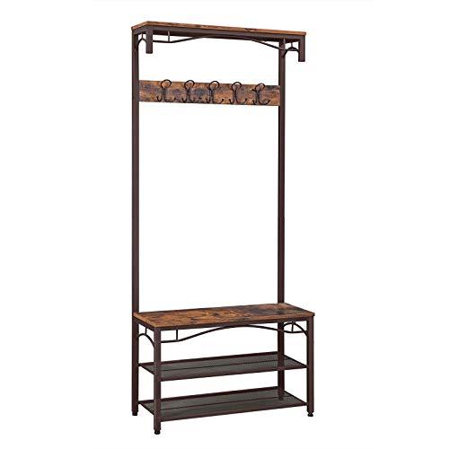 VASAGLE Industrial Coat Rack, 3-in-1 Hall Tree, Entryway Shoe Bench Coat Stand, Storage Shelves Accent Furniture Metal Frame Large Size UHSR45AX