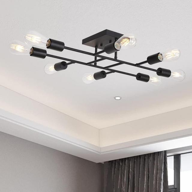 TULUCE Modern Ceiling Light Semi Flush Mount Light Fixture Mid Century Black Sputnik Chandeliers with 8 Lights Kitchen Light Ceiling for Bedroom Dining Room Living Room Lighting