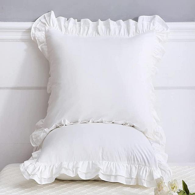 YOKKITA Shabby White Ruffle Euro Pillow Shams Set of 2, Cotton Pillow Shams 26x26 inches French Farmhouse Cottage Vintage Bed Pillow Shams (Shabby White, 26x26)