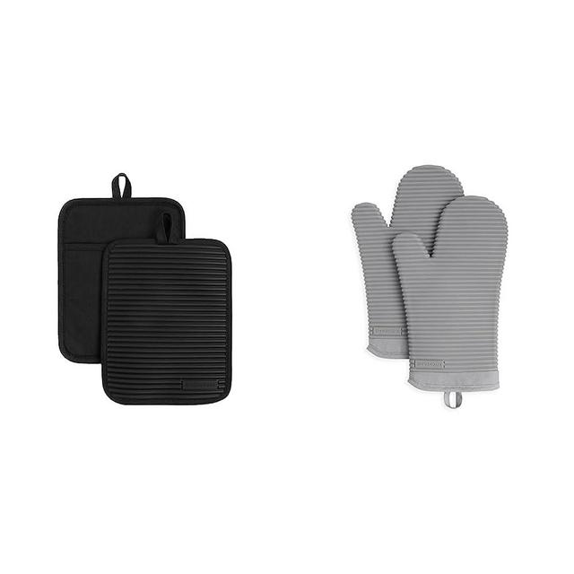 KitchenAid Ribbed Soft Silicone Water Resistant Pot Holder Set, Onyx Black, 2 Piece Set & Ribbed Soft Silicone Oven Mitt Set, 7"x13", Grey 2 Count