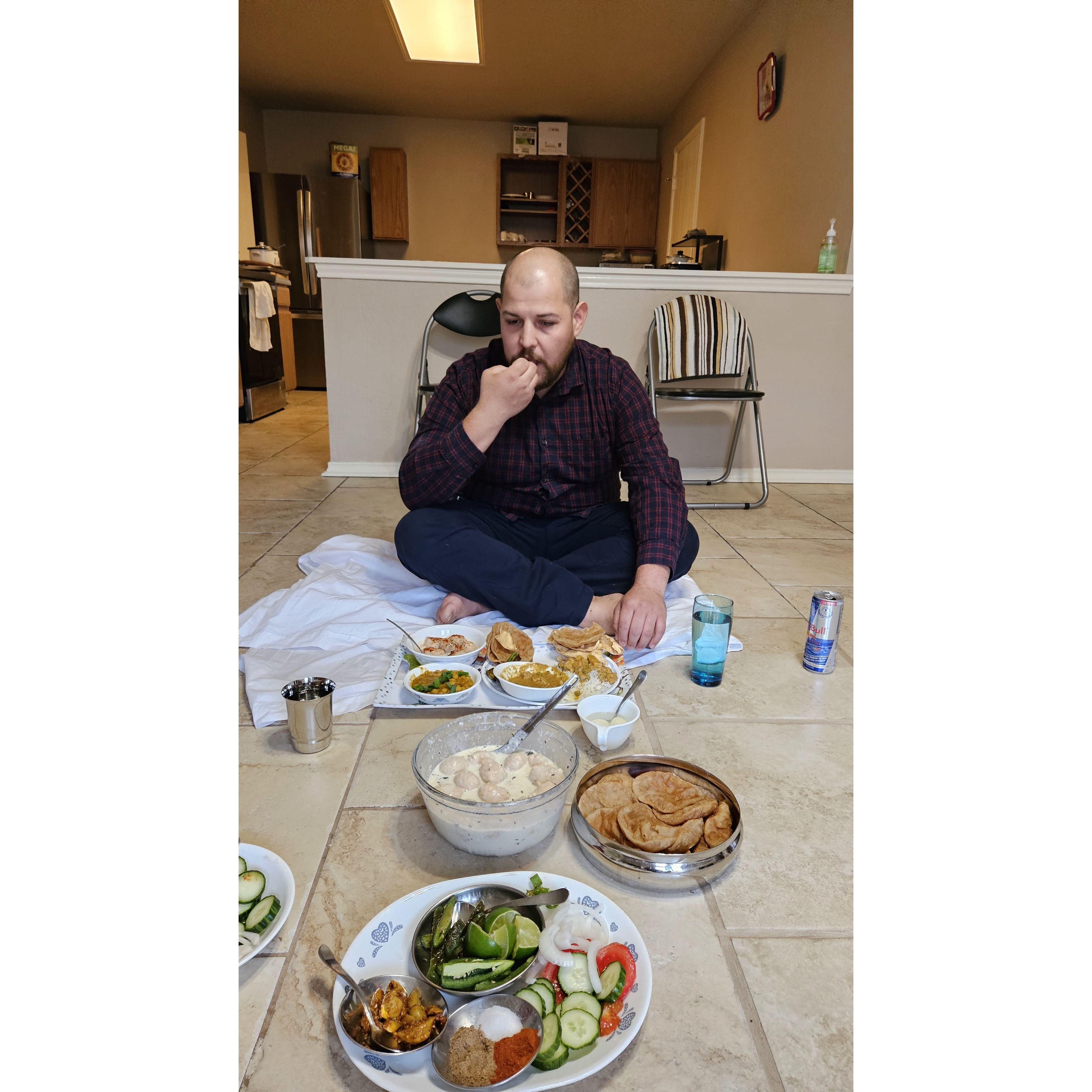 He eats with my parents Indina style