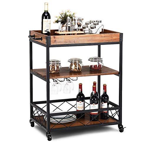 Giantex Kitchen Trolley Cart Island Rolling Serving Carts Utility Cart 3 Tier Storage Shelf with Glass Holder, Handle Racks, Lockable Caster Kitchen Carts Islands w/Removable Wood Box Container