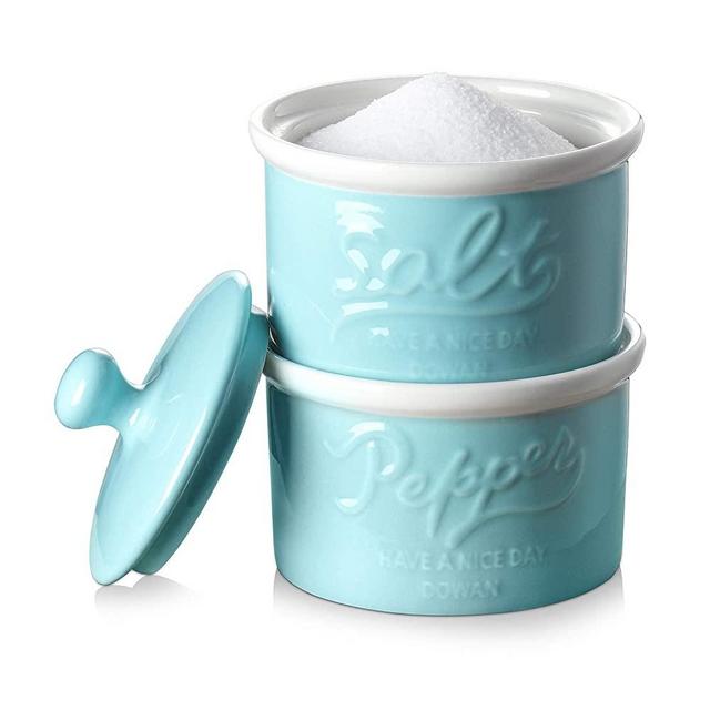 DOWAN Salt and Pepper Cellar with Lid, 8 OZ Salt Pepper Box, Ceramic Vintage Mason Salt Pepper Bowls, Perfect for Himalayan, Kosher and Sea Salts, Set of 2, Turquoise