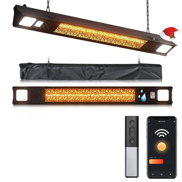 Wall-Mounted Electric Heater Hanging Patio with Light Ceiling Outdoor, 1500W Infrared 9 Heat Levels, 24H Timers, 1s Heating Carbon Fiber Tube Wall Heater for Backyard, Garage
