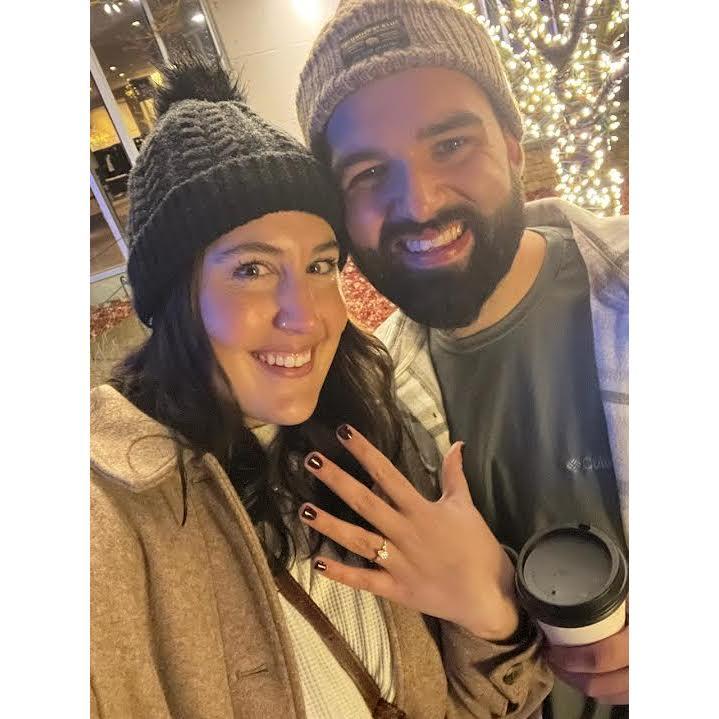 Nate proposed at the Christmas lights at Newfields in December 2023 after taking Ali out to eat at their first date spot, Verde.