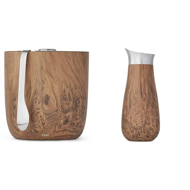 S'well Stainless Steel Ice Bucket with Tongs - Holds 68oz of Ice - Teakwood & Stainless Steel Carafes - 1.5 Liters - Teakwood - Triple-Layered Vacuum-Insulated Container
