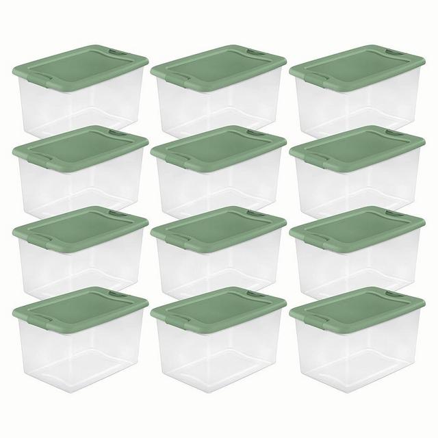 Sterilite 64 Quart Latching Hinged See-Through Plastic Stacking Storage Container Tote with Recessed Lids for Home Organization, Crisp Green (12 Pack)