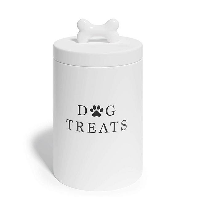 Barnyard Designs Dog Treat Jar, Large Ceramic Airtight Canister with Lid, Rustic Farmhouse Pet Food Storage Container Holder for Cookies, Biscuits, and Snacks, White, 5.25" x 9"