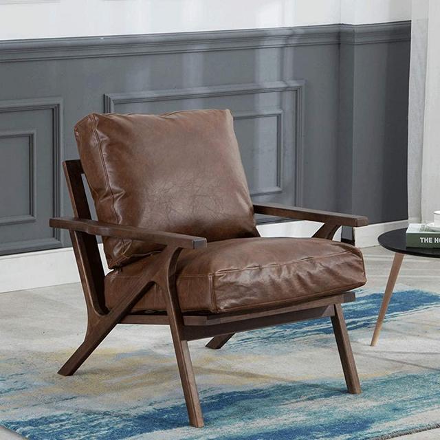 Mid-Century Retro Modern PU Leather Lounge Chair, Comfy Upholstered Back Wooden Arm Chair for Living Room/Bedroom/Hosting Room (Dark Brown)