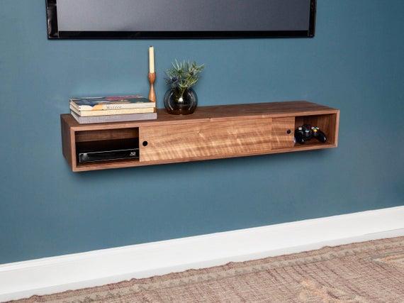 Floating Media Console Table with Sliding Doors in Solid Walnut