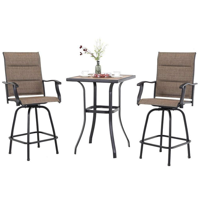 PHI VILLA Swivel Bar Stools Set 3 PC Outdoor Kitchen Bar Height Patio Bistro Set Padded Textilene Fabric, All-Weather Patio Furniture Table and Chairs Set
