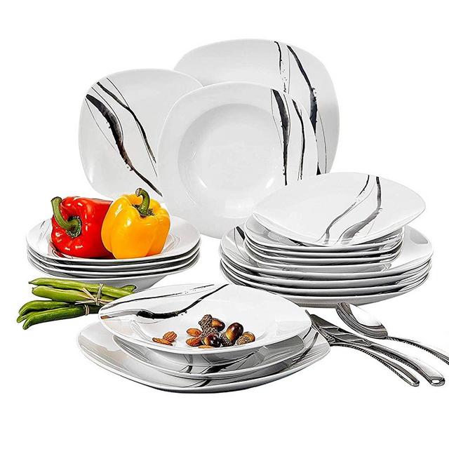 VEWEET 18-Piece Ceramic Dinner Plate Sets Line Patterns White Square Plate Sets with Dinner Plate, Soup Plate, Dessert Plate, Service for 6 (TERESA Series)