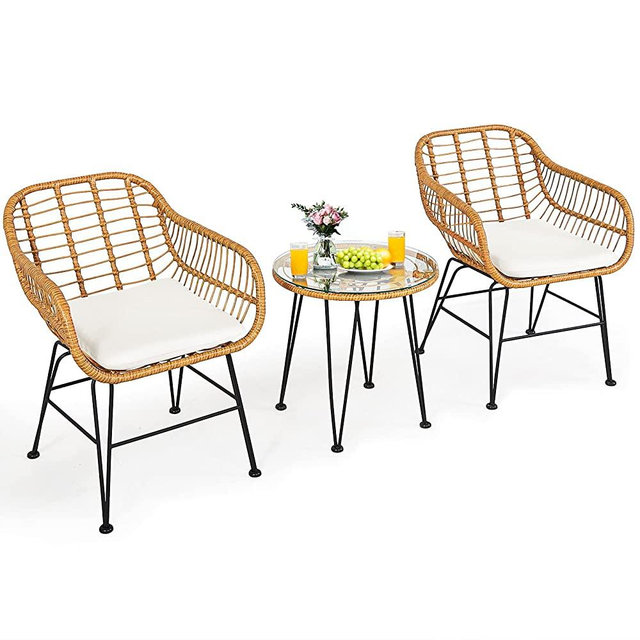 Tangkula 3 Pieces Patio Bistro Set, Rattan Conversation Set with 2 Cushioned Armchairs & Round Glass Coffee Table, Indoor Outdoor Wicker Furniture Set for Balcony, Backyard, Garden, Poolside (White)