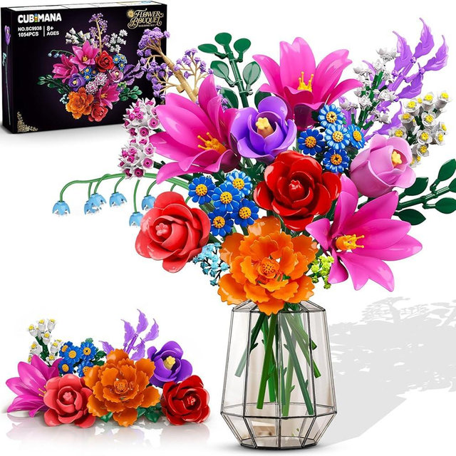 CUBIMANA Valentines Flowers Bouquet Building Set with LED Light, 21 Flower Botanical Collection Block Toy, Rose Lily Home Plant Decor 1054PCS, Gifts for Her Adults Women Mom Kids Girls 12+ (RED)