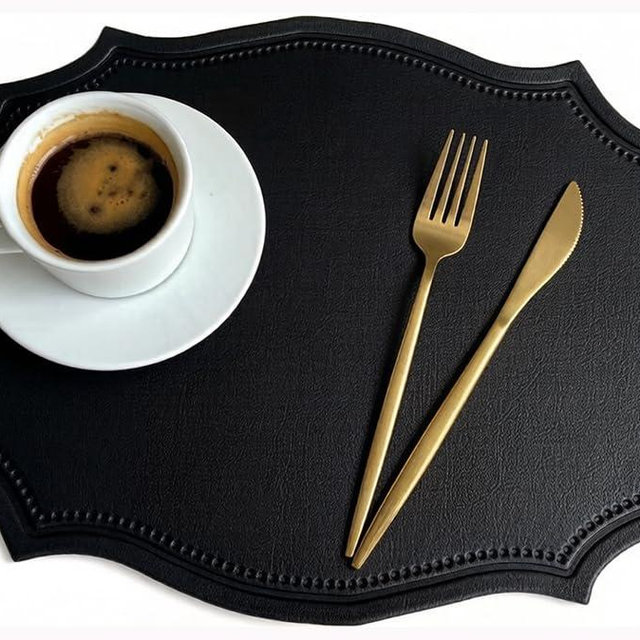 Double-Texture Faux Leather Oval Placemats Set of 6 Washable Heat Insulation Mats Watertight and Non-Slip for Home Kitchen 、Coffee Shops、Restaurants(Black)
