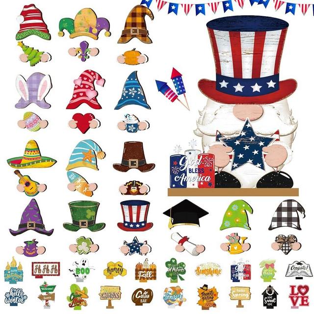 Yalikop 62 Pcs Interchangeable Wooden Gnome Decor DIY Summer Holiday 4th of July Seasonal Tiered Tray Decoration with Magnet Pieces and Detachable Hats for Memorial Day Wooden Sign Graduation Decor