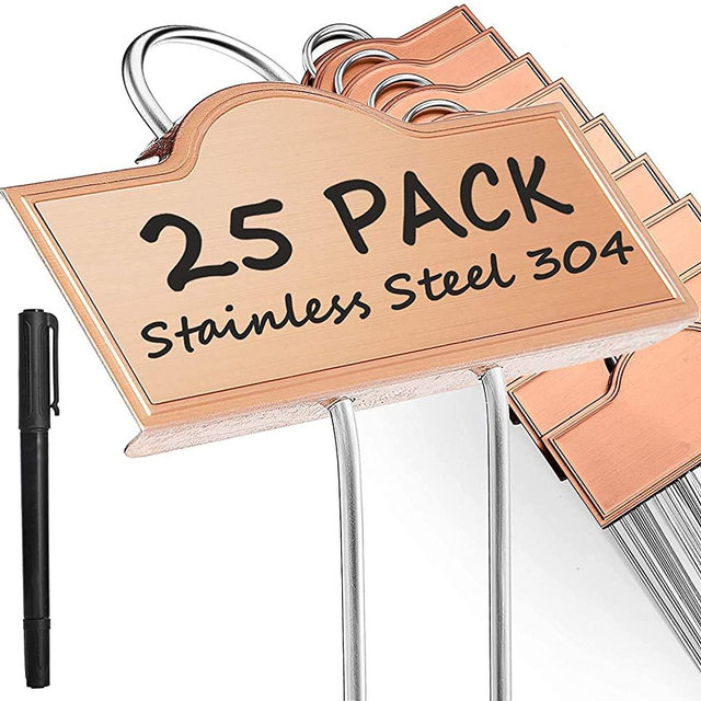 Metal Plant Labels Weatherproof 25 Pack, Outdoor Garden Markers Tags Rose Gold for Plants Vegetables Herb Seedlings Flowers with a Pen, Height 10.75 Inch, Label Area 3.74'' x 1.39''