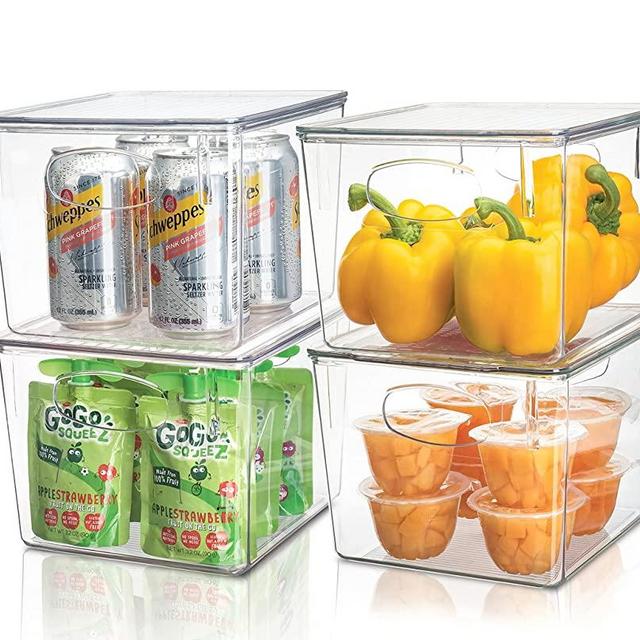 Sorbus Plastic Storage Clear Bins with Lid, Stackable Pantry Organizer Box Bin Containers for Organizing Kitchen Fridge, Food, Snack Pantry Cabinet, Fruit, Vegetables, Bathroom Supplies, (4)