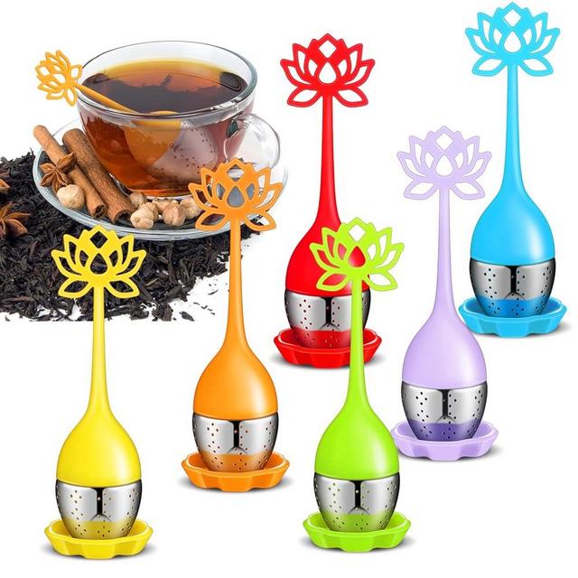 Set of 6 Silicone Tea Infuser Filter Loose Leaf Steeper Flower Tea Strainer Spoon Stainless Steel Loose Leaf Ball Handle Silicone Mesh Cup Filter Strainer(Lotus)