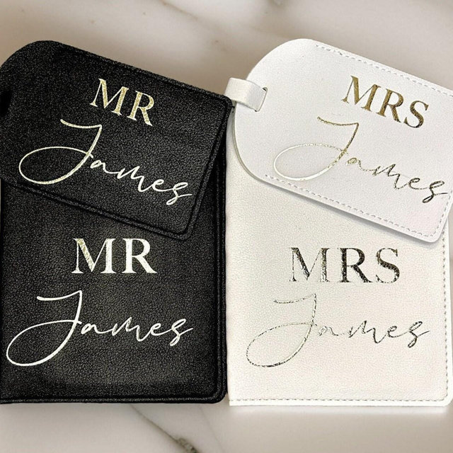 Personalised Luggage Tags & Passport Cover, Mr and Mrs Travel Set, Bride and Groom Wedding Gift, Honeymoon Suitcase Tag and Passport Holder