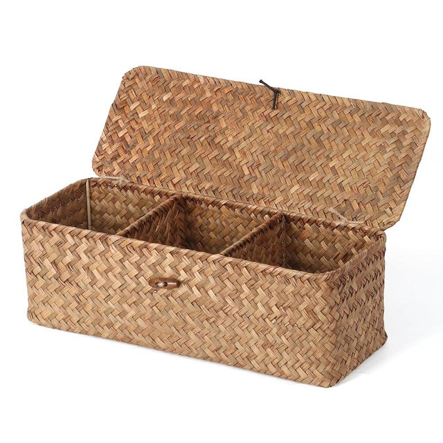Moosky Wicker Shelf Baskets with Lid, Rectangular Small Woven Storage Baskets Boxes with Dividers for Organize Tampon Home Decor Bins (Coffee Small)