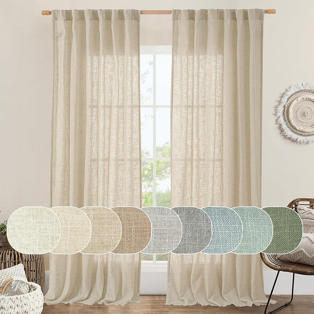 LAMIT Light Filtering Linen Curtains 84 inches Long for Bedroom, Faux Linen Textured Semi Sheer Back Tab and Rod Pocket Burlap Boho Modern Drapes for Living Room/Farmhouse, 2 Panels, 52 x 84 Inch