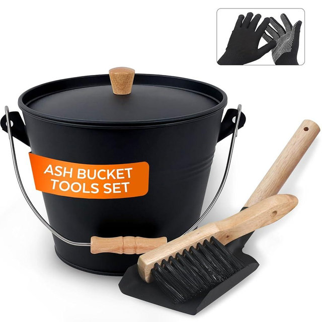 KEFIY Small Ash Bucket with Lid and Shovel, Metal Fireplace Ash Bucket with Broom, Complete Fireplace Tools Set for Wood Stove and Fireplace, Black