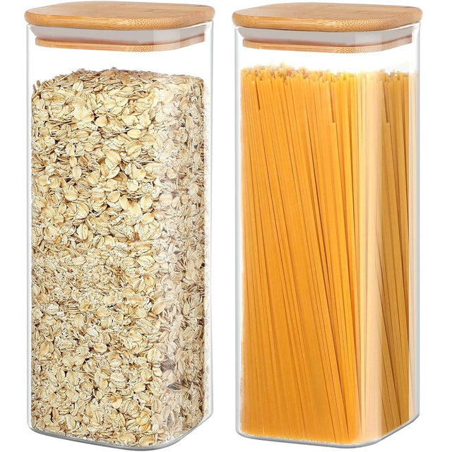 YUEYEE Glass Containers with Lid,Glass Spaghetti Storage Jar with Bamboo Lids Transparent Glass Jars with Lids for Noodles Pasta Rice Flour Cereal Container (2 pack 71 OZ)