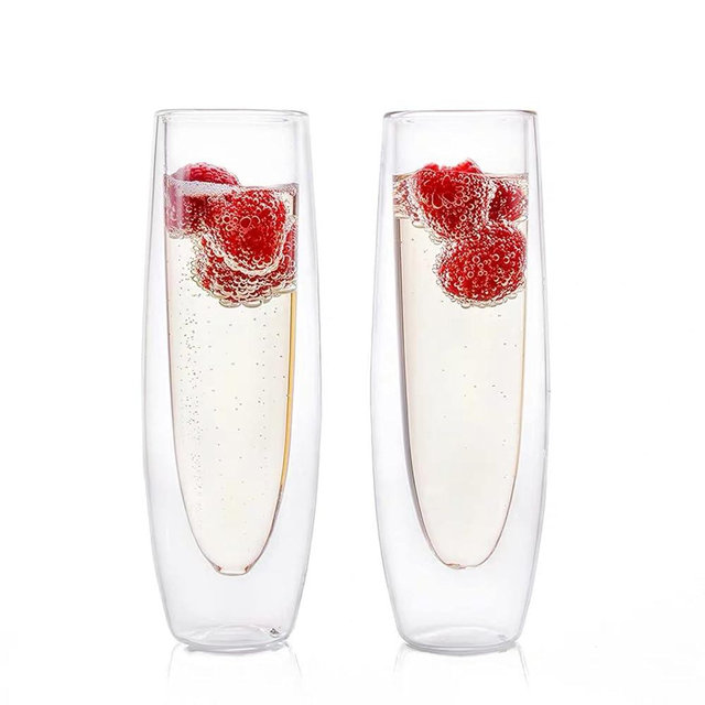 2Pcs Double Wall Stemless Champagne Flutes Glass,Bridesmaid Champagne Flute,Champagne Glasses for Home Wedding Supplies (2Pcs)