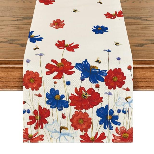 Artoid Mode Poppy Floral Bee Veterans Day Patriotic Memorial Day Table Runner, Independence Day Kitchen Dining Table Decoration for Home Party Decor 13x72 Inch