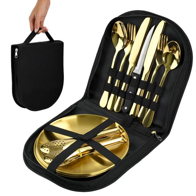 20-Piece Gold Stainless Steel Silverware Set With Organizer, including Plates, Knives, Forks, Spoons - Premium Outdoor Picnic Tableware for Camping