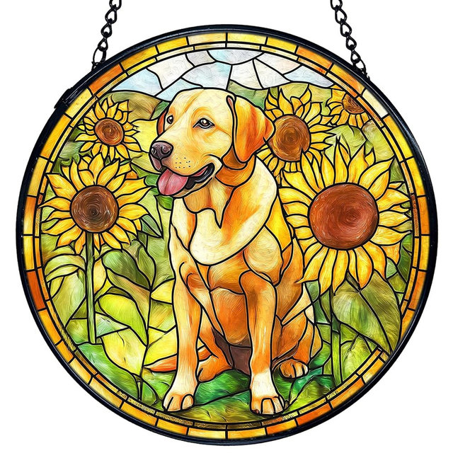 TNUW Labrador Retriever Sunflower Stained Glass Window Hanging, Yellow Lab Gifts Sun Catchers Indoor Window Glass Round Wall Art Decor, Dog Sunflower Wall Hanging Decorations, 7.9＂x7.9＂