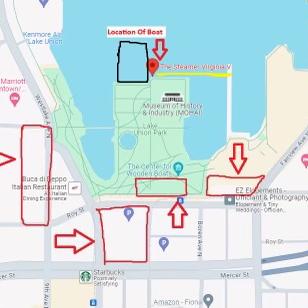 Areas to park and where the boat is located. Center for wood boats will be the closest public parking. Meter is $1.50 an hour.