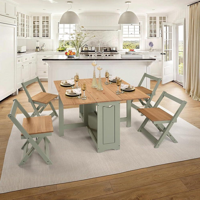 SECONIQUE Santos Butterfly Folding Dining Table Set with 4 Chairs – Space-Saving Table with Nesting Chairs and Storage Shelf – Green & Distressed Pine Finish