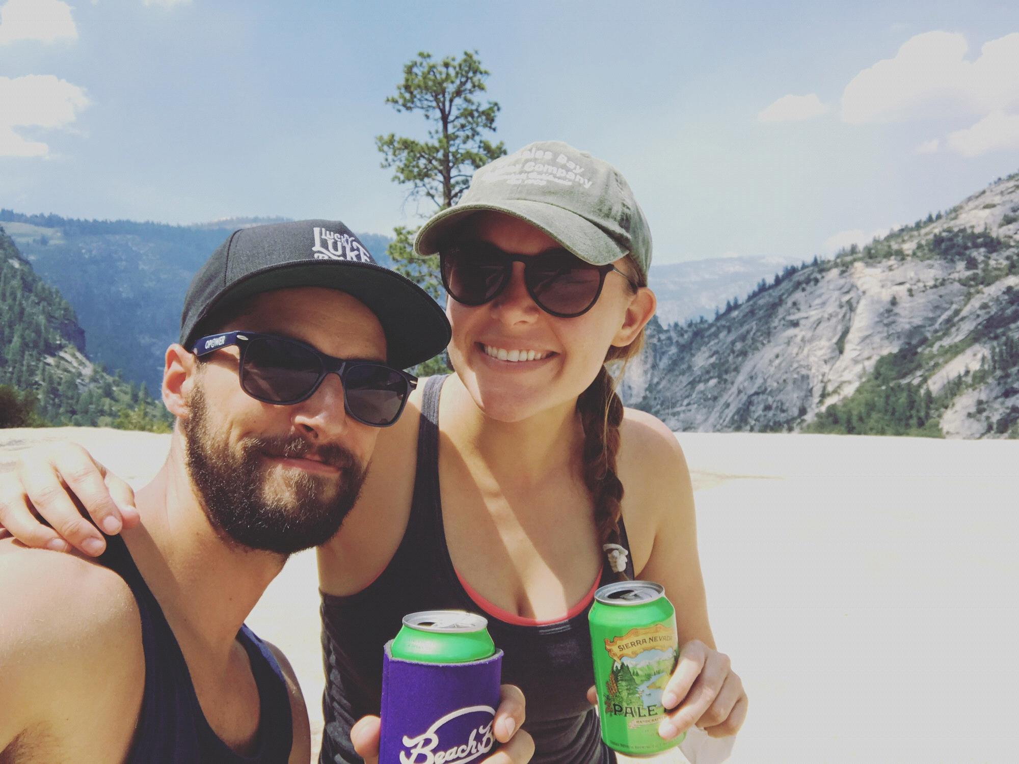 Celebratory beers atop Vernal Falls in Yosemite.