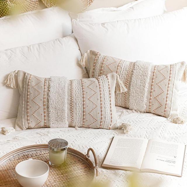 BlissBlush Decorative Lumbar Throw Pillow Cover 12x20 Combo Set of 2 Cream Neutral White Rectangular Boho Accent Pillowcase Farmhouse Cushion for Couch Sofa Bedroom Living Home Décor Cover ONLY