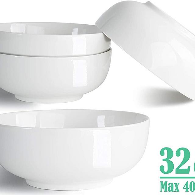 32 Ounce Large Soup Bowls, Salad Bowls, Cereal Bowls, Pasta Bowls, Pho Bowls, Chunni Durable Porcelain White Bowls Set of 4, 7 Inch