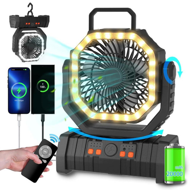 ADUST Portable Camping Fan Battery Powered Fan with LED Light 20000mAh Rechargeable Fan, Oscillating Fan with 360° Rotation Hanging Hook for Tents, USB Desk Fan for Bedroom, Office (Black)