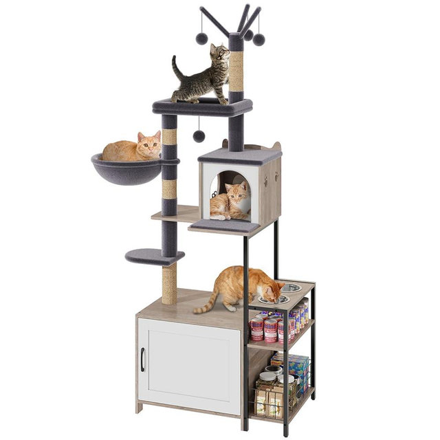HavenlyYouth Cat Tree with Food Station and Litter Box Enclosure, Multi-Level Cat Tree Tower with Sisal Scratch Posts for Playtime, Plush Hammock in Gray for Cozy