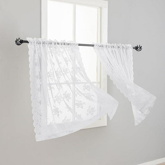Kotile White Lace Curtains 36 Inch Length 2 Panels, Country Rustic Floral Short Lace Curtains for Kitchen Window, Rod Pocket Privacy Lace Cafe Curtains, 42 x 36 Inch Each, 1 Pair, White
