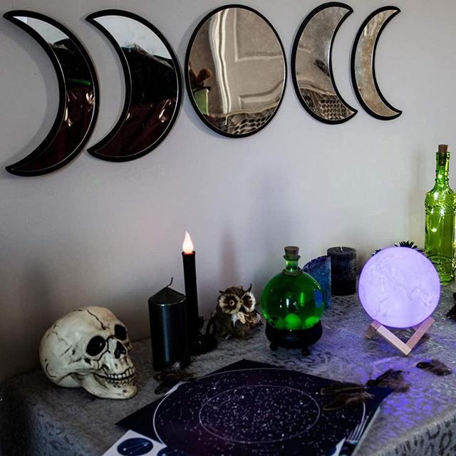 BLACK MAGIC WITCH Moon Mirror - Announcing Love Home Wall Decor - Moon Phase Mirror Set with Spooky Reflection Effect - Moon Mirror Wall Decor for Living Room Bedroom Nursery Halloween Decorations