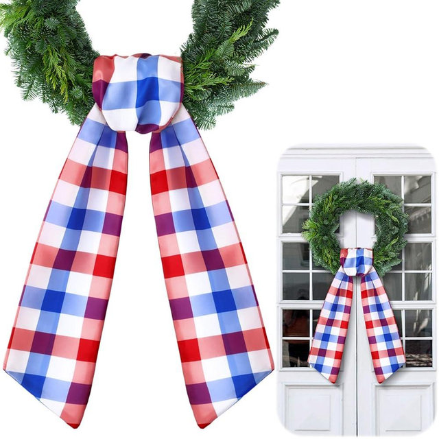 VitalCozy 4th of July Check Wreath Sash for Front Door Wreath Satin Sash Red Blue White Patriotic Embroidery Monogram Garland Ribbon Accessories 250th Anniversary Independence Day Party Indoor Outdoor